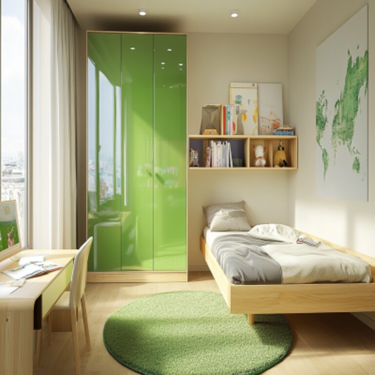 Modern Kids Room Design With Glossy Green Swing Wardrobe